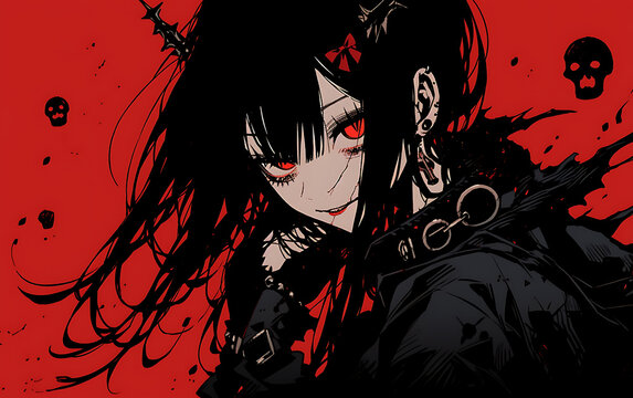 Crazy cybergoth anime girl  zombie digital painting. demon woman evil dark Halloween theme. generative ai	