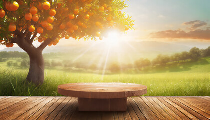 Tree Table wood Podium in farm display for food, perfume, and other products on nature background, Table in farm with grass, Sunlight at morning
