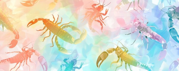 Naklejka premium soft colors rainbow palette of scorpions animals pattern ,with x-ray effect on a pastel background. 