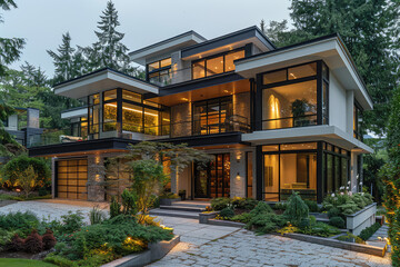 Vancouver luxury home with large garage, black and white modern architecture, large windows, dark wood accents, surrounded by trees at dusk. Created with Ai