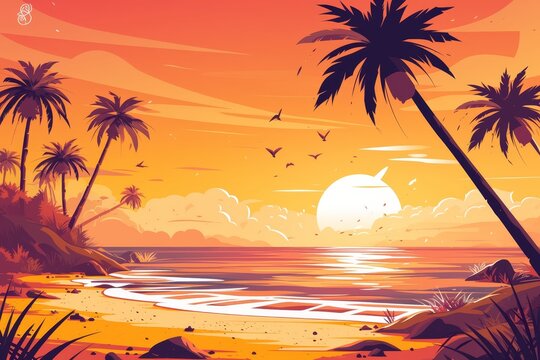 illustration of a sunset on an exotic beach with palm trees