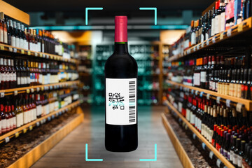 Wine bottle with bar code beams on the label. E-label concept in retail.