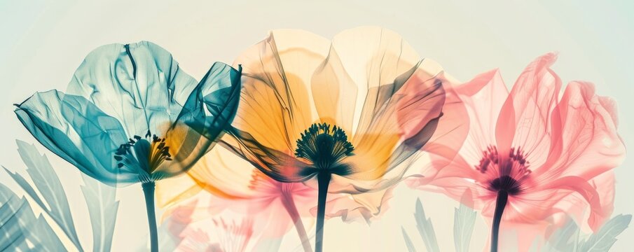 soft colors tenue palette of spring elegant flowers bouquet with x-ray effect on a pastel background. A modern abstract art design in the style of vector illustration for fashion, textiles, print