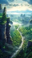 Serene Sunrise Over a Misty River Amidst Towering Rock Formations
