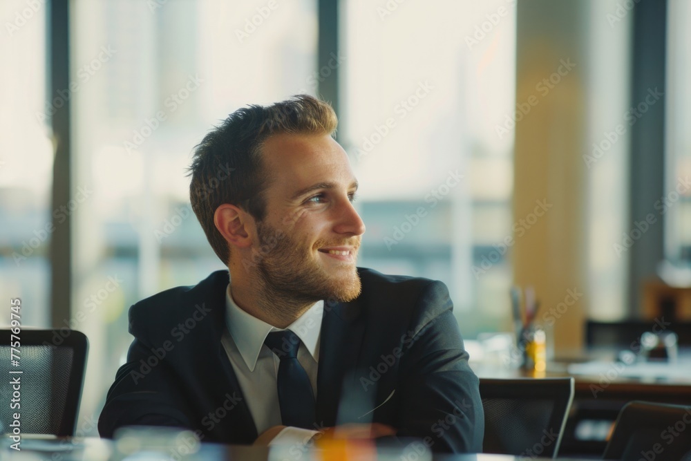 Wall mural business person in office. happy business man engaged in meeting with co-workers