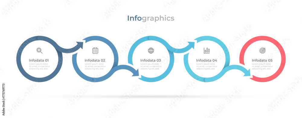 Poster vector circle flowchart label design with arrows for business process. timeline connected with 5 ste