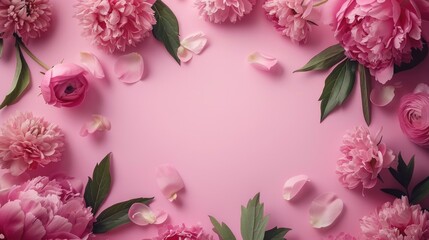 Spring Design. Romantic Floral Frame with Peonies and Roses on Pink Background for Valentine's Day