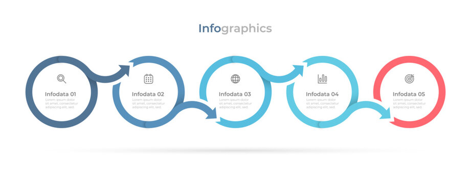 Vector circle flowchart label design with arrows for business process. Timeline connected with 5 steps or options.