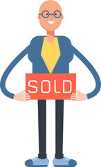 Bald Man Character Holding Sold Signage
