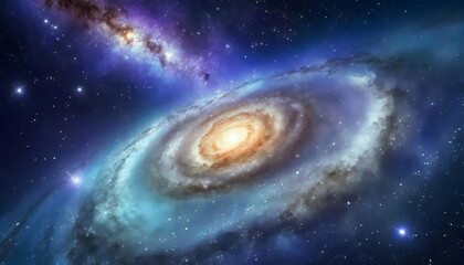 View from space to a spiral galaxy and stars. Universe filled with stars, nebula and galaxy