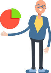 Bald Man Character Holding Pie Chart
