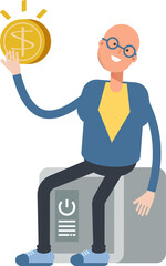 Bald Man Character Sitting on Safe and Holding Dollar Coin
