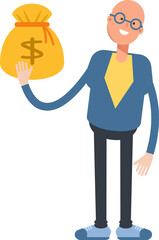 Bald Man Character Holding Dollar Sack
