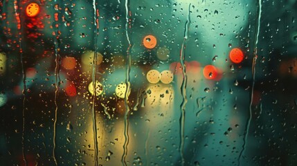 a rainy night scene, with a window covered in raindrops and a cityscape visible through the glass