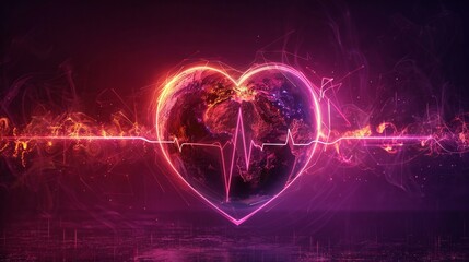 A heart-shaped Earth with a glowing pulse line highlighting energy and life