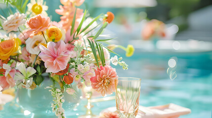 Elegant Floral Arrangement by Poolside for Outdoor Celebration, Sunny and Refreshing Atmosphere