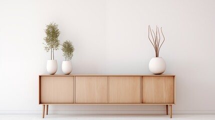 Modern minimalist interior design with decorative wooden sideboard and plant decor