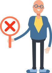 Bald Man Character Showing Wrong Mark
