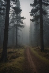 A forest path is shown in the fog, with trees on either side