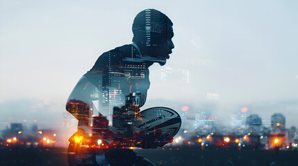 Double exposure of rugby player silhouette and modern stadium place skyline, Generative Ai - obrazy, fototapety, plakaty