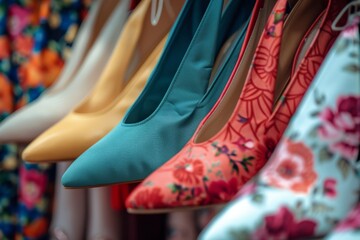 Colorful Shoes on Wooden Shelf - obrazy, fototapety, plakaty