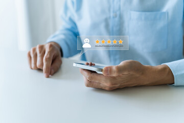 Happy customer or client review best product performance and excellent service quality feedback. Corporate or company positive reputation online survey, good evaluation rating and ranking