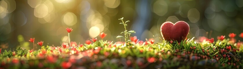 Fabric Heart Amidst Red Blossoms in Sunlit Field
