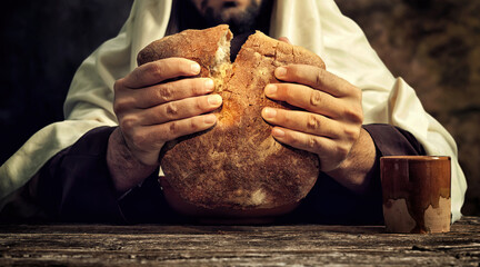 The Last Supper, Jesus breaks the bread. - obrazy, fototapety, plakaty