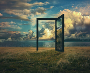 A door is open on the grassland, with dark clouds in front of it and a sea behind it The sky gradually lightens as if theres hope