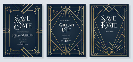 Art deco black and gold invitation wedding luxury VIP invite card design, Save the date card, retro pattern for vintage party Gatsby style invitation Thank you card classic antique vector illustration