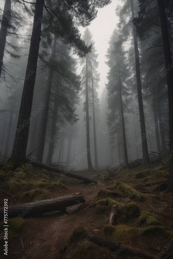 Poster A forest with foggy weather and trees with moss growing on them