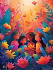 Bright friendship illustration, warm magical environment, botanical