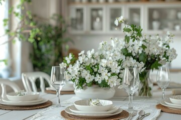 Formal Dinner Table With Vase of Flowers - 775772354