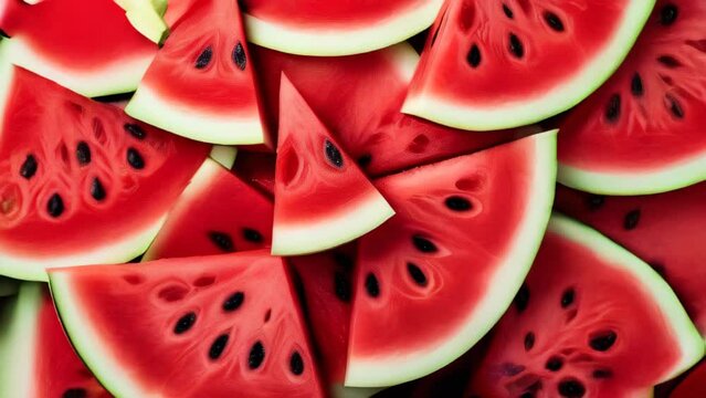 Fresh watermelon slices rotating closeup flat lay. Slow motion. Summer food concept.