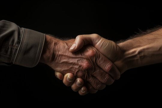 Handshake on black background. World of work. Offer accepted. Friendship at work. Help others. Association.