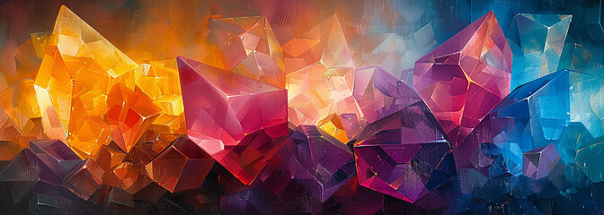 Vibrant artwork of colorful, abstract crystals. The hues transition from warm to cool tones, creating a visually striking contrast.