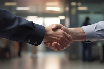 Handshake on office business background. World of work. Offer accepted. Friendship at work. Help others. Association.