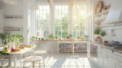 white kitchen in a luxurious modern farmhouse, sunlight shining through a large window, fruit and sandwiches on the tables - obrazy, fototapety, plakaty