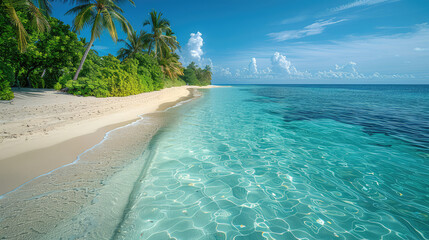 A stunning beach in the Maldives, with crystal clear turquoise waters and white sand. Created with Ai