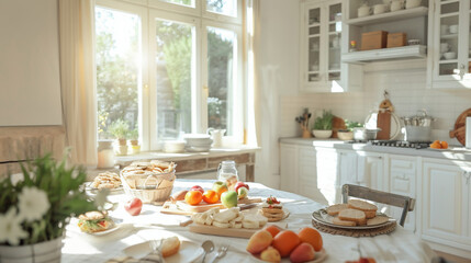white kitchen in a luxurious modern farmhouse, sunlight shining through a large window, fruit and sandwiches on the tables