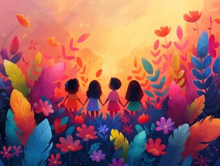 Fototapeta na wymiar Bright friendship illustration, warm magical environment, botanical