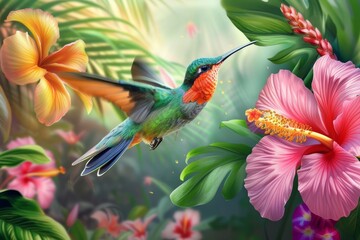 Fototapeta premium A colorful painting capturing the lively movement of a hummingbird as it flits among the flowers.