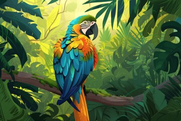 A vibrant parrot with multiple colors perched on a sturdy branch in a tropical setting.