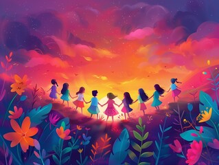 Bright friendship illustration, warm magical environment, botanical