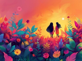 Obraz na płótnie Canvas Bright friendship illustration, warm magical environment, botanical