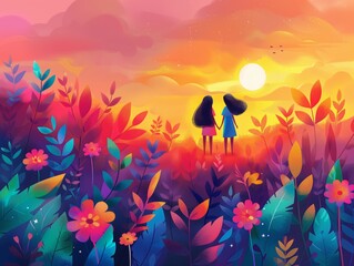 Fototapeta premium Vibrant Sunset Landscape, Two Women Holding Hands Amidst Colorful Flowers, Dreamy Fantasy Scenery, Warm Golden Hour Glow, Artistic Illustration