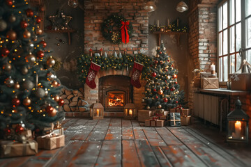 Fototapeta na wymiar Festive living room ablaze with christmas trees and presents