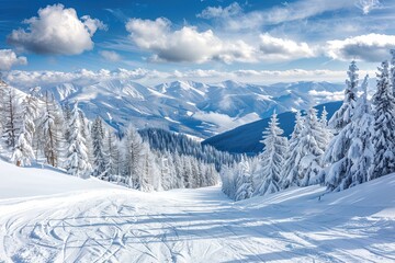 Fototapeta na wymiar Beautiful winter landscape with ski track and snow-covered trees in mountains against blue sky with clouds, sunny day