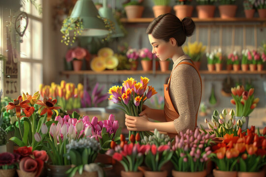 3D florist character arranging tulips in a flower shop