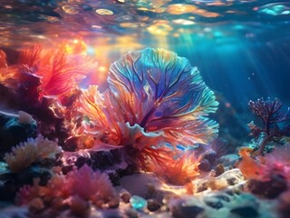 A colorful coral reef with a variety of sea plants and fish